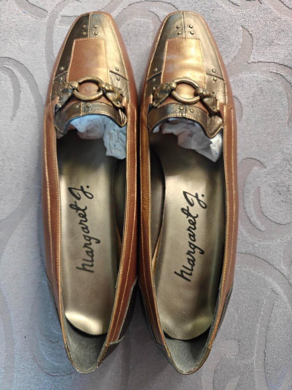 *Ladies Margaret J. flats in iridescent 2 tone brown with metal decoration*